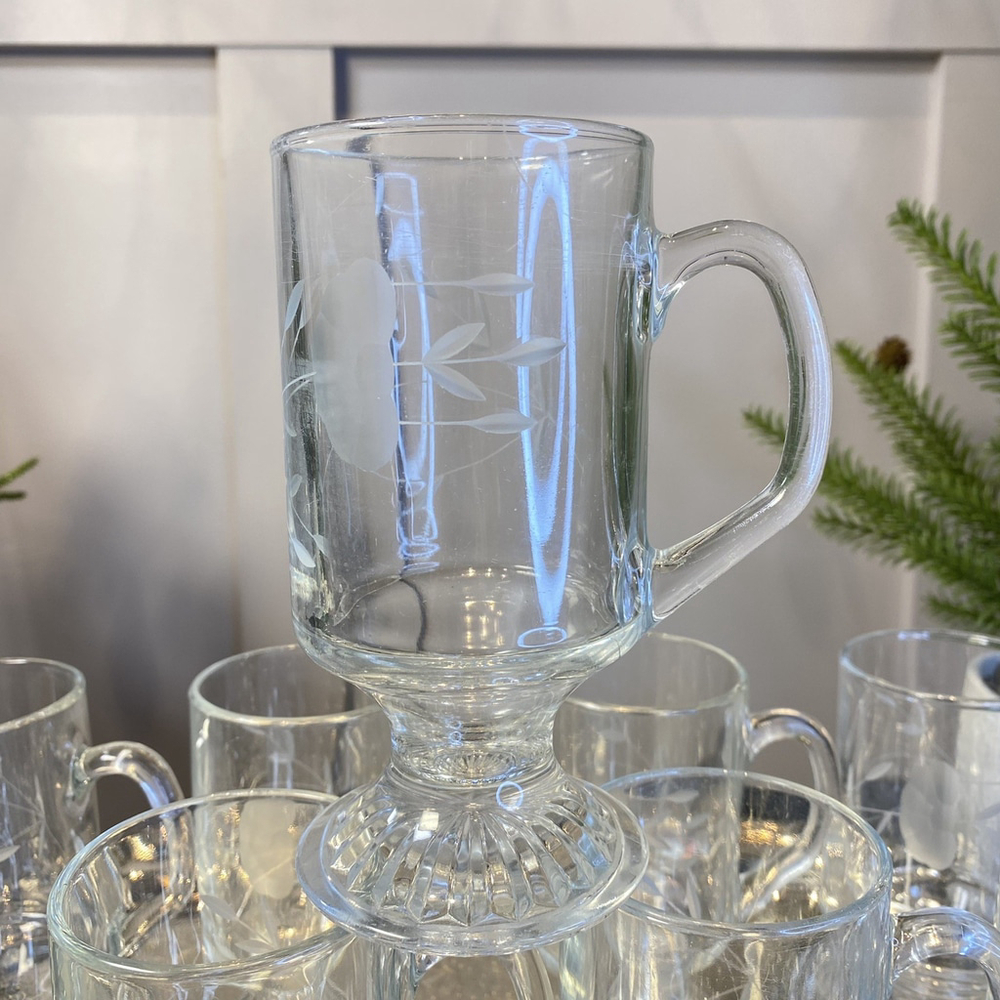 4 Princess House Heritage Irish Mugs Set 5 1/2" Floral Etched Footed Clear Cups